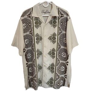 Tommy Bahama Silk Camp Shirt LG-Ivory Olive Damask Mandala Panel Short Sleeve